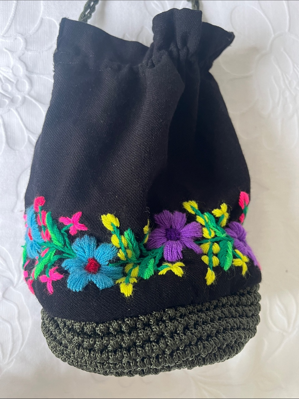 Black Embroidered Floral Drawstring Bucket Bag